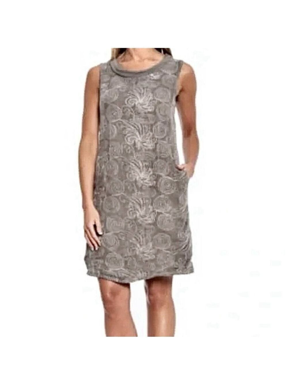 Lina Tomei 100% linen embroidered dress Large Gray Italy Cowl Neck Beach Pockets